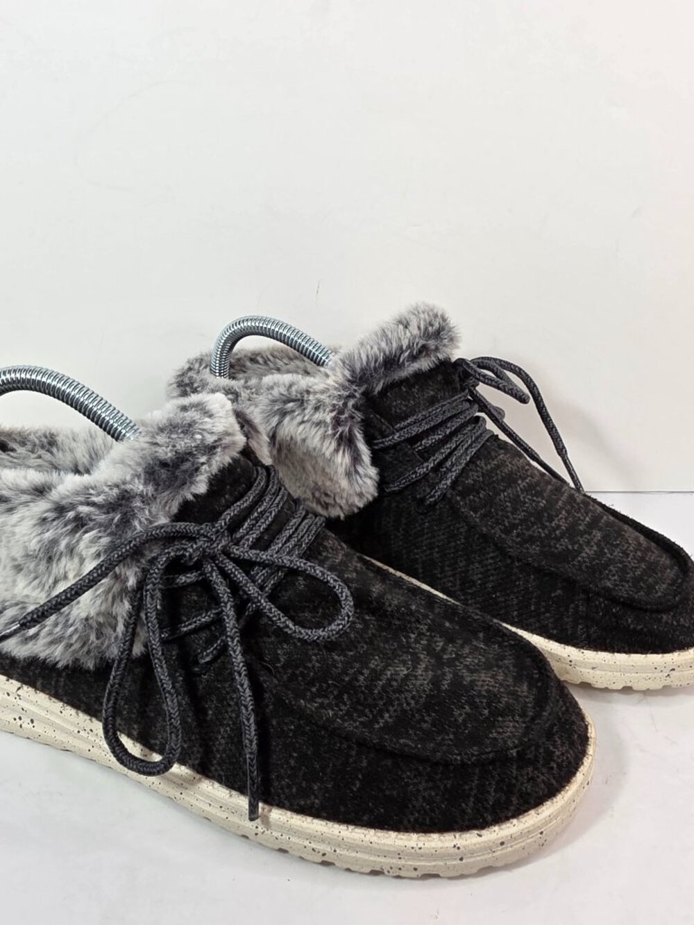 Hey Dude Womens Britt Black Gray Faux Fur Slip On Sneaker Shoes Size US 7